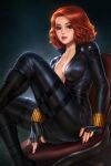  1girl avengers black_bodysuit black_widow bodysuit breasts chair cleavage feet_out_of_frame green_eyes knees_up large_breasts looking_at_viewer neoartcore open_bodysuit orange_hair parted_lips patreon_username short_hair sitting smile solo watermark 