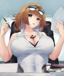 1boy 1girl beret black_neckwear blurry bra bra_peek breasts brown_hair chair cleavage collarbone commander_(girls_frontline) depth_of_field eyewear_on_head girls_frontline grizzly_mkv_(girls_frontline) hat highres holding holding_paper holding_pen jacket lace-trimmed_bra lace_trim large_breasts military military_uniform miniboy necktie open_clothes open_mouth open_shirt paper pen person_between_breasts pointing purple_eyes red_headwear red_jacket shirt sitting size_difference sleeveless sleeveless_shirt sunglasses teston underwear uniform upper_body upper_teeth white_shirt 