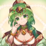  1girl absurdres bangs bead_bracelet beads blush bracelet breasts character_request cleavage closed_mouth collarbone eyebrows_visible_through_hair green_eyes green_hair hair_between_eyes hair_ornament hand_up head_tilt highres jewelry kuuron_(moesann17) long_sleeves medium_breasts pendant puzzle_&amp;_dragons smile solo upper_body wide_sleeves 