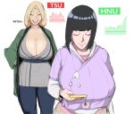  2girls bangs black_hair breasts cellphone cleavage closed_eyes curvy english_text facial_mark forehead_mark grin highres huge_breasts hyuuga_hinata insult jealous long_hair mature_female multiple_girls naruto naruto_(series) phone plump profanity short_hair simple_background smile tsunade ultivlad white_background 