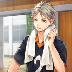  1boy day eyebrows grey_hair haikyuu!! indoors kou-hai looking_to_the_side male_focus mole shirt short_hair short_sleeves solo sportswear sugawara_koushi sweat towel towel_around_neck volleyball_uniform 