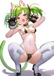  1girl ahoge alternate_costume animal_ears arm_up bangs bare_shoulders bell bikini black_bikini black_footwear black_gloves blush breasts cameltoe cat_ears cat_girl cat_tail claws collar collarbone commentary delutaya eyebrows_visible_through_hair fang fangs full_body fur-trimmed_gloves fur_trim fuyouchu gloves green_hair groin hair_ornament hand_up head_tilt high_heels indie_virtual_youtuber jingle_bell jpeg_artifacts looking_at_viewer navel neck_bell open_mouth paw_gloves paw_pose paws red_eyes shoes short_hair simple_background skin_fang skindentation small_breasts solo spread_legs squatting stomach swimsuit symbol_commentary tail tail_ornament tail_ring thighhighs tied_hair twintails virtual_youtuber white_background white_legwear 