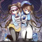  blue_eyes breasts brown_hair double_bun hat long_hair looking_at_viewer pantyhose pokemon pokemon_(game) pokemon_adventures pokemon_bw2 rosa_(pokemon) shorts team_plasma twintails very_long_hair visor_cap whitley_(pokemon) 