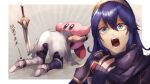  1boy 1girl 1other absurdres armor blue_eyes blue_hair chrom_(fire_emblem) falchion_(fire_emblem) father_and_daughter fingerless_gloves fire_emblem fire_emblem_awakening gloves highres kirby kirby_(series) long_hair looking_at_viewer lucina_(fire_emblem) open_mouth shiburingaru short_hair super_smash_bros. sword tiara translation_request weapon 