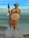  absurd_res anthro anthrofied areola belly big_belly big_breasts blue_sky bracelet breasts brown_body brown_eyes brown_fur casual_nudity choker choker_only cloud cloudscape convenient_censorship dark_areola day detailed_background disney ear_piercing el-loko feathers felid female front_view fur furgonomics glistening glistening_body glistening_eyes gold_(metal) gold_jewelry gold_necklace grass hand_on_hip hi_res holding_melee_weapon holding_object holding_spear holding_weapon jewelry lake light lion mammal mature_anthro mature_female melee_weapon navel necklace necklace_only nipple_piercing nipples nude open_mouth outie_navel pantherine piercing plant polearm pregnant rock sarabi sky solo spear standing sunlight tattoo teeth the_lion_king tongue tooth_necklace tree tribal water weapon 