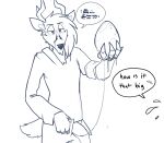  absurd_res ambiguous_fluids anthro antlers cervid clothed clothing cybernetic_arm cybernetic_limb cybernetics dripping egg genitals hi_res horn machine male mammal oviposition partially_clothed penis red_(topazknight) sketch solo speech_bubble tapering_penis text topazknight 