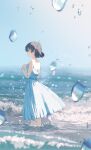  1girl agas_(vpwt7475) black_hair blue_sky bracelet dress earrings highres jewelry original partially_submerged profile shadow short_hair sky solo strapless strapless_dress water water_drop white_dress wide_shot 