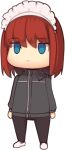  1girl :| arms_at_sides black_pants blue_eyes boa_(brianoa) chibi closed_mouth grey_jacket highres hisui_(tsukihime) jacket jitome maid_headdress medium_hair pants red_eyes red_hair shoes simple_background solo standing tsukihime white_background white_footwear 