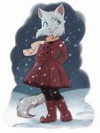  2021 anthro bittersweet_candy_bowl blue_eyes boots chochi clothed clothing coat domestic_cat felid feline felis female footwear fully_clothed fur hi_res lucy_(bcb) mammal open_mouth outside scarf snow snowing solo topwear webcomic white_body white_fur winter 