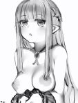  1girl :o braid breasts copyright_request eyebrows_visible_through_hair french_braid greyscale highres jitome large_breasts long_hair looking_at_viewer monochrome nanashi_(nlo) nipples parted_lips pointy_ears simple_background solo upper_body white_background wristband 
