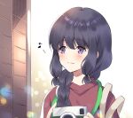  1girl black_hair blush braid brown_shirt camera closed_mouth eighth_note eyebrows_visible_through_hair holding holding_camera kantai_collection kitakami_(kancolle) komi_zumiko long_hair musical_note portrait purple_eyes shirt single_braid solo 