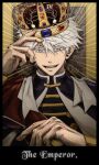  1boy bangs black_shirt blue_eyes crown ear_piercing english_text eyelashes gojou_satoru hair_between_eyes hand_up highres jujutsu_kaisen looking_at_viewer male_focus open_mouth piercing shirt short_hair smile solo som_0u0 the_emperor_(tarot) upper_body white_hair yellow_background 