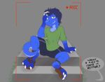  anthro bottomwear clothing digitigrade dinosaur dromaeosaurid footwear kulbara kyrio male reptile reticle sandals scalie shirt shorts sitting solo speech_bubble stairs text theropod thick_tail topwear 