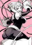  1girl ass bodysuit boku_no_hero_academia breasts commentary_request highres large_breasts looking_at_viewer monochrome open_mouth pink_background short_hair solo takatsuki_ichi teeth uraraka_ochako 