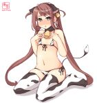  1girl alternate_costume animal_ears animal_print artist_logo asagumo_(kancolle) bikini brown_hair commentary_request covered_nipples cow_ears cow_horns cow_print cow_tail dated ear_tag fake_animal_ears fake_horns front-tie_top full_body grey_eyes highres horns kanon_(kurogane_knights) kantai_collection long_hair micro_bikini one-hour_drawing_challenge side-tie_bikini simple_background sitting solo swimsuit tail thighhighs twintails wariza white_background white_bikini white_legwear 