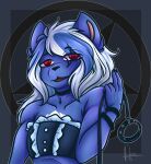  annezly anthro blue_body blue_fur blue_hair clothing collar domestic_cat felid feline felis fur girly hair handwear hi_res holding_collar holding_object long_hair looking_at_viewer maid_uniform male mammal mikho_(fursona) multicolored_body purple_eyes red_eyes simple_background smile solo symbol uniform white_hair 