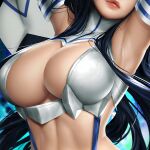  1girl abs armpits black_hair bra breasts cleavage_cutout clothing_cutout detached_sleeves elbow_gloves english_commentary gloves junketsu kill_la_kill kiryuuin_satsuki large_breasts lips midriff neoartcore parted_lips revealing_clothes solo_focus underwear white_bra 