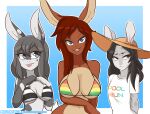  ambiguous_gender anthro bedroom_eyes big_breasts bikini bikini_top black_hair blue_eyes breasts brown_body brown_fur brown_hair clothing collarbone dankodeadzone emiko_(bludii) english_text eyebrow_through_hair eyebrows felid female fluffy_ears frown fur gradient_background grey_body grey_fur grey_hair group hair half-closed_eyes lagomorph leporid long_ears looking_at_another looking_at_viewer looking_away mammal narrowed_eyes navel pantherine piercing rabbit sabrina_holtz scut_tail seductive shirt shy simple_background smile smiling_at_viewer snow_leopard spots swimwear teeth text tongue tongue_out tongue_piercing toony topwear translucent translucent_hair url 