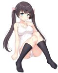  1girl :o azur_lane bangs bare_shoulders black_hair black_legwear blue_eyes blush bow breasts collarbone commentary_request eyebrows_visible_through_hair full_body glasgow_(azur_lane) hair_between_eyes hair_bow highres kneehighs knees_together_feet_apart long_hair looking_at_viewer medium_breasts one-piece_swimsuit pink_bow school_swimsuit sidelocks simple_background sitting solo sweat swimsuit twintails white_background white_swimsuit yamasan 