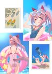  1girl :p animal_ears ass barefoot beach bow casual_one-piece_swimsuit commentary_request denim ear_covers eyewear_on_head hair_bow hair_intakes haru_urara_(umamusume) headband heart heart-shaped_eyewear highres horse_ears horse_girl horse_tail innertube leg_up long_hair ocean one-piece_swimsuit one_eye_closed outdoors overalls photo_(object) pink_eyes pink_hair pink_swimsuit ponytail ribbon saeki_tatsuya sandals_removed sitting smile solo sunglasses swimsuit swimsuit_under_clothes symbol-shaped_pupils tail thighs toes tongue tongue_out umamusume undressing 