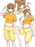  1girl arm_up bangs barefoot blonde_hair brown_headwear cabbie_hat dango eyebrows_visible_through_hair food hat highres holding holding_food kakone mg_mg navel open_mouth orange_shirt red_eyes ringo_(touhou) shirt short_hair short_sleeves shorts simple_background smile solo standing standing_on_one_leg striped striped_shorts touhou wagashi white_background yellow_shorts 