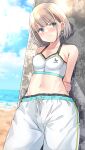  1girl beach bikini bikini_top blue_eyes blue_sky breasts cloud day earrings grey_hair idolmaster idolmaster_shiny_colors jewelry male_swimwear navel ocean outdoors serizawa_asahi shiitake_taishi short_hair sky small_breasts solo star_(symbol) star_earrings swim_trunks swimsuit swimwear white_bikini 