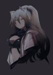  1girl animal_ear_fluff animal_ears arknights bangs black_scarf breasts brh cat_ears chinese_commentary cleavage commentary_request crop_top cropped_torso grey_background hair_between_eyes jacket long_hair looking_at_viewer medium_breasts midriff navel open_clothes open_jacket scarf schwarz_(arknights) silver_hair simple_background solo stomach upper_body white_jacket yellow_eyes 
