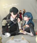  2boys 2girls armor birthday birthday_cake black_hair blue_eyes blue_hair byleth_(fire_emblem) byleth_(fire_emblem)_(female) cake closed_eyes dorothea_arnault english_text feeding ferdinand_von_aegir fire_emblem fire_emblem:_three_houses food hair_over_one_eye hetero hubert_von_vestra long_hair military military_uniform multiple_boys multiple_girls o_o robaco surprised uniform 