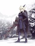  1girl armor artoria_pendragon_(all) artoria_pendragon_(lancer_alter)_(fate) black_cape blonde_hair boa_(brianoa) braid braided_bun cape day dress fate/grand_order fate_(series) fur_trim gorget highres holding holding_sword holding_weapon horns lance legs_apart looking_at_viewer metal_boots outdoors pale_skin parted_lips polearm purple_dress scabbard sheath sheathed sidelocks snow solo standing sword tree weapon yellow_eyes 