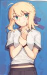  1girl absurdres ahoge artoria_pendragon_(all) black_pants blonde_hair blue_background boa_(brianoa) braid braided_bun closed_mouth cowboy_shot fate/stay_night fate_(series) green_eyes grey_shirt hair_between_eyes hands_up highres looking_at_viewer medium_hair pants purple_ribbon ribbon saber shirt short_sleeves sidelocks smile solo twitter_username watch wrist_grab wristwatch 