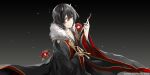  1boy black_hair black_kimono flower fur_trim gradient gradient_background grey_background hair_between_eyes highres horns japanese_clothes kakuriyo_no_yadomeshi kimono kiseru laruha looking_at_viewer male_focus oodanna pipe red_eyes red_flower short_hair solo watermark wide_sleeves 