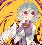  1girl bangs bow bowtie covered_mouth eyebrows_visible_through_hair grey_hair jacket kishin_sagume long_sleeves ma_sakasama red_bow red_eyes red_neckwear short_hair single_wing solo touhou upper_body white_wings wings yellow_background 