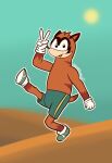  anthro azuredaybreak bottomwear brown_body cartoon_network clothing craig_of_the_creek domestic_ferret gesture gloves handwear male mammal mustela mustelid musteline pants slide_the_ferret solo true_musteline v_sign white_clothing white_gloves 