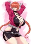  1girl breasts choker cleavage cleavage_cutout clothing_cutout cropped_jacket curvy hair_over_eyes huge_breasts jacket lace-up navel pink_jacket plump plunging_neckline shermie_(kof) sleeves snk solo split_ponytail the_king_of_fighters the_king_of_fighters_xv thick_thighs thighs toguchi_masaya 