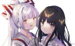  2girls :d bangs black_hair blunt_bangs blush bow brown_eyes closed_mouth collarbone commentary_request commission eyebrows_visible_through_hair face frilled_shirt_collar frills fujiwara_no_mokou hair_bow houraisan_kaguya long_hair looking_at_viewer multiple_girls open_mouth pink_eyes ponytail shiromoru_(yozakura_rety) shirt silver_hair simple_background skeb_commission smile suspenders touhou white_background white_shirt 