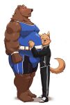  2021 absurd_res anthro belly black_nose blush bottomwear brown_body brown_fur bulge canid canine canis clothing domestic_dog duo fur hi_res hug jumperbear kemono male mammal moobs musclegut overweight overweight_male pants shorts simple_background ursid white_background wrestler 