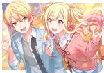  1boy 1girl :d bag blonde_hair blue_jacket blue_shorts blurry blurry_background blush border cardigan collared_shirt depth_of_field dot_nose gradient_hair hand_up highres jacket long_sleeves multicolored_hair open_mouth orange_eyes outside_border pink_cardigan pink_eyes project_sekai sekina shirt shorts shoulder_bag smile tenma_saki tenma_tsukasa twintails white_border white_shirt wing_collar 