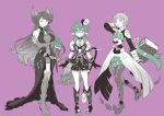  3girls adenine_(xenoblade) book boots breasts brighid_(xenoblade) center_opening chest_jewel fiery_hair flat_chest gloves hat jacket large_breasts medium_breasts mini_hat mini_top_hat multiple_girls open_clothes open_jacket pandoria_(xenoblade) purple_background rubi_nemesis short_hair tail thigh_boots thighhighs top_hat xenoblade_chronicles_(series) xenoblade_chronicles_2 