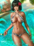  1girl bare_arms bare_shoulders beach bikini black_hair blue_eyes breasts cowboy_shot day english_commentary floral_print food fubuki_(one-punch_man) heart_ring_top hydrokinesis large_breasts navel one-punch_man outdoors patreon_username popsicle short_hair shurakrgt solo swimsuit telekinesis water 