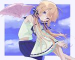  1girl absurdres ahoge angel_wings asymmetrical_wings bat_wings blonde_hair blue_eyes blue_skirt blue_sky bow character_request closed_mouth commentary_request copyright_request detached_sleeves eyebrows_visible_through_hair feathered_wings feet_out_of_frame flying hair_between_eyes hair_bow hair_ribbon head_tilt highres hikap long_hair looking_at_viewer low_twintails miniskirt mismatched_wings pleated_skirt ribbon sailor_collar sailor_shirt school_uniform serafuku shirt skirt sky sleeveless solo surprised twintails white_shirt wide_sleeves wings 