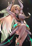 bangs bare_legs bare_shoulders blonde_hair breasts chest_jewel cleavage cleavage_cutout clothing_cutout dress earrings elbow_gloves gloves gonzarez highres jewelry large_breasts long_hair mythra_(xenoblade) short_dress swept_bangs thigh_strap tiara very_long_hair white_dress white_footwear white_gloves xenoblade_chronicles_(series) xenoblade_chronicles_2 yellow_eyes 