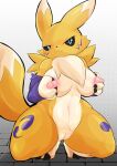  absurd_res anthro blue_eyes breasts canid chest_tuft digimon digimon_(species) female fur genitals hi_res holding_breast kneeling mammal nipples nude pussy renamon solo tuft type wide_hips yellow_body yellow_fur 