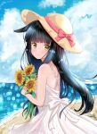  1girl alternate_costume animal_ears azur_lane bangs beach black_hair blue_sky blunt_bangs blurry carrying casual cloud cloudy_sky commentary_request contemporary depth_of_field dress ear_down eyebrows_visible_through_hair flower fox_ears from_behind hat horizon long_hair looking_at_viewer looking_to_the_side m_ko_(maxft2) nagato_(azur_lane) ocean sidelocks sky smile solo straw_hat sunflower white_dress yellow_eyes 