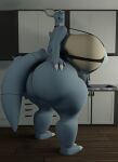  3d_(artwork) anthro apron big_breasts big_butt blue_body blue_eyes breasts butt claws clothing darkdraketom digital_media_(artwork) female hand_on_butt hi_res huge_breasts huge_butt hyper hyper_breasts hyper_butt kitchen looking_at_viewer multicolored_body nidoqueen nintendo pok&eacute;mon pok&eacute;mon_(species) small_head solo thick_thighs two_tone_body video_games 