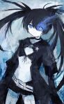  1girl belt bikini bikini_top black_bikini black_hair black_rock_shooter black_rock_shooter_(character) black_shorts blue_eyes cowboy_shot flaming_eye hair_between_eyes highres long_hair pale_skin shorts solo swimsuit tabmur 