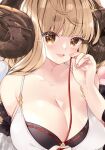  1girl 218 :d anila_(granblue_fantasy) bangs bare_shoulders bikini black_bikini breasts brown_hair cleavage collarbone commentary_request curled_horns draph eyebrows_visible_through_hair granblue_fantasy hand_up holding horns large_breasts long_hair looking_at_viewer open_mouth ribbon-trimmed_bikini sheep_horns short_eyebrows smile solo swimsuit thick_eyebrows upper_body 