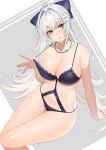  1girl arm_support azur_lane bangs bow breasts chichikoucha cleavage clothing_cutout eyebrows_visible_through_hair flower grey_background grey_eyes hair_bow hair_flower hair_ornament head_tilt highres jewelry lace-trimmed_swimsuit lace_trim large_breasts lily_(flower) long_hair looking_at_viewer navel navel_cutout necklace o-ring o-ring_swimsuit official_alternate_costume ponytail pulled_by_self purple_bow purple_swimsuit simple_background sitting solo strap_pull swimsuit thighs two-tone_background very_long_hair vittorio_veneto_(azur_lane) vittorio_veneto_(the_flower_of_la_spezia)_(azur_lane) white_background white_hair 