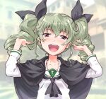  1girl :d alternate_costume anchovy_(girls_und_panzer) bangs black_cape black_neckwear black_ribbon blouse blurry blurry_background cape commentary_request day drill_hair eyebrows_visible_through_hair girls_und_panzer green_hair hair_ribbon half-closed_eyes hands_in_hair highres long_hair long_sleeves looking_at_viewer neckerchief ooarai_school_uniform open_mouth outdoors partial_commentary red_eyes ribbon sailor_collar school_uniform serafuku smile solo suzuki24 twin_drills white_blouse white_sailor_collar 