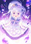  1girl :d bangs blurry blurry_foreground blush bonnet bow commentary_request crystal depth_of_field dress eyebrows_visible_through_hair frilled_dress frills gloves highres ikari_(aor3507) long_hair looking_at_viewer open_mouth original purple_bow purple_eyes silver_hair skirt_basket smile solo star_(symbol) twitter_username two_side_up very_long_hair white_dress white_gloves white_headwear 