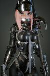  1girl absurdres armor black_bodysuit blue_eyes bodysuit breasts changgon_shin falslander gauntlets helmet highres holding holding_weapon lips pink_hair polearm smile solo standing weapon 